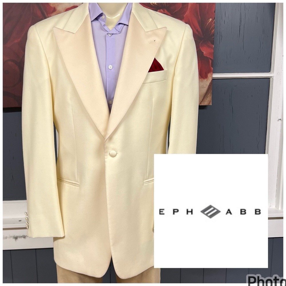 Vintage Joseph Abboud Tuxedo Ventless Blazer Mens 40L Long Wool Cream One Button